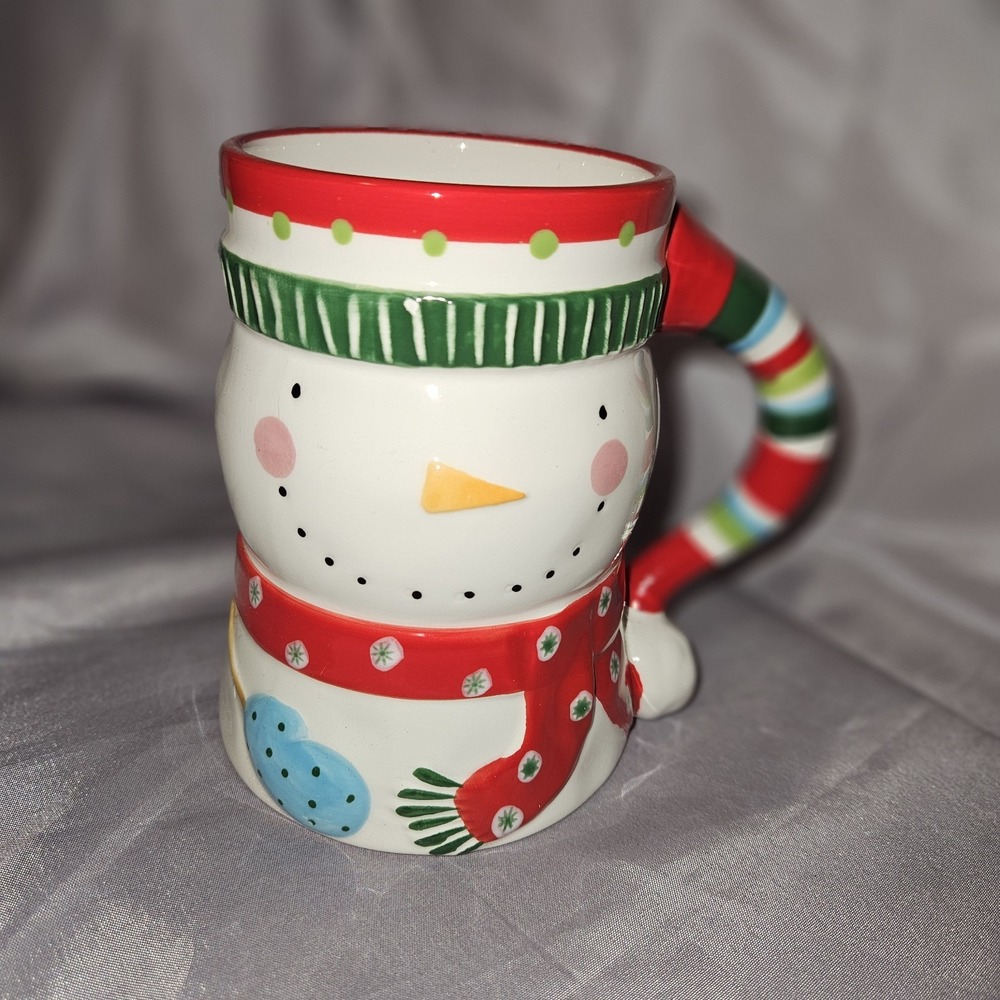 Pier 1 Large Snowman Mug Set 4 Hand Painted Dolomite Winter Holiday Jumbo Mug